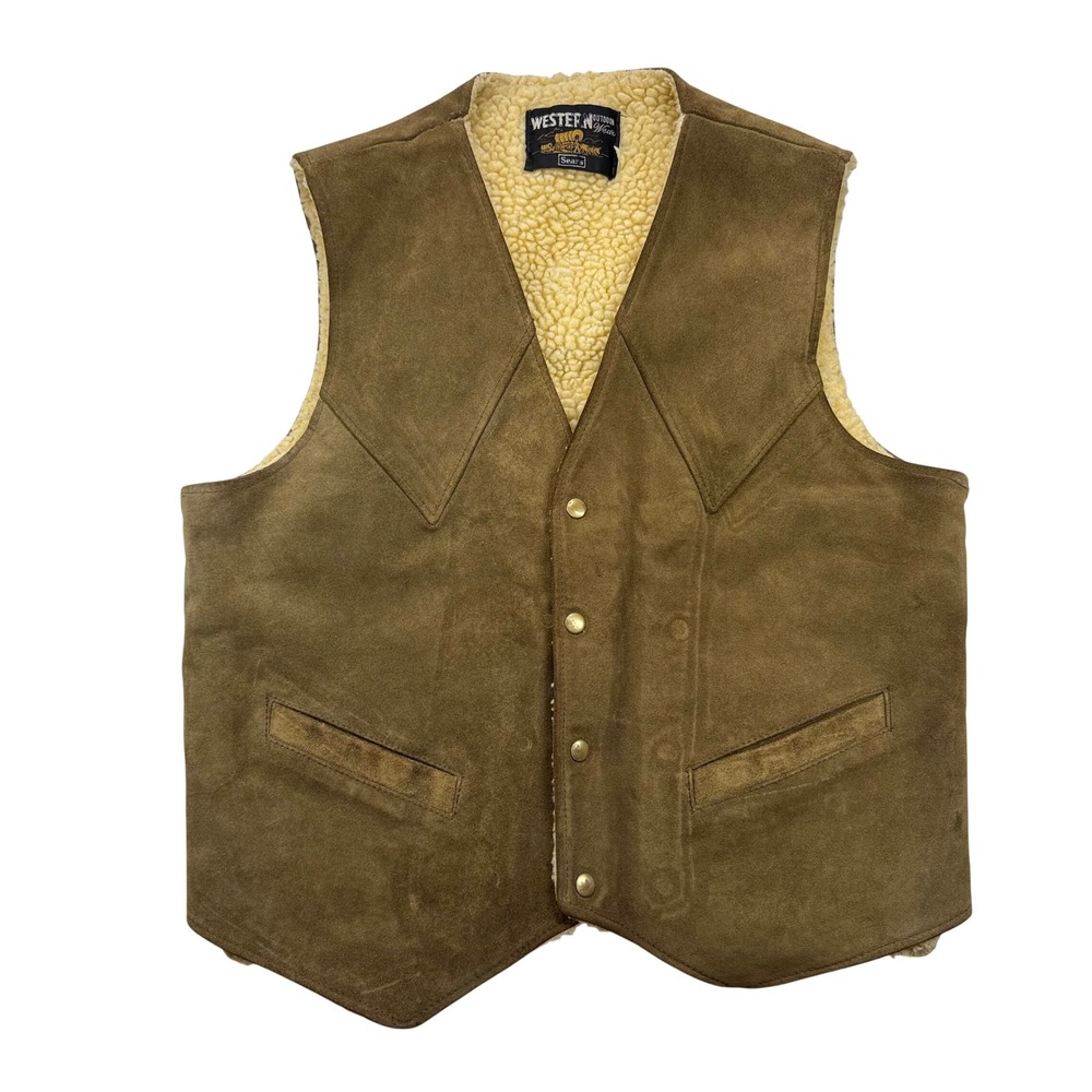 Vintage Sears Western Outdoor Wear Suede Leather Sherpa Lined Vest Brown Mens